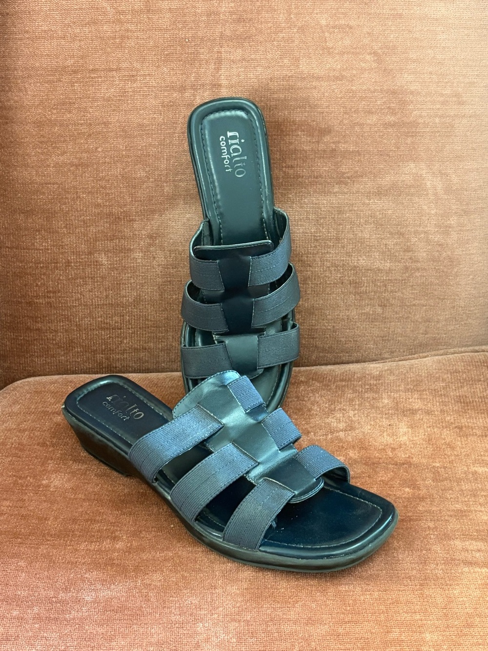Blue Strappy Low Wedge Sandals